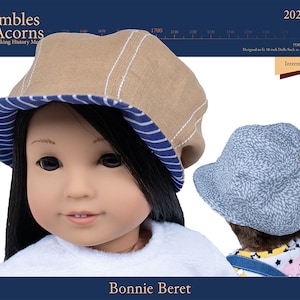 Puede incluir: Un gorro de boina a rayas azul y beige con un detalle de puntada blanca. El gorro está diseñado para muñecas de 45,7 cm. El gorro se llama "Bonnie Beret".