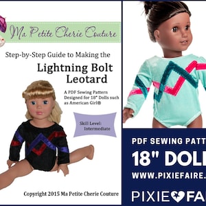Puede incluir: Patrón de costura PDF para hacer un leotardo de rayo para muñecas de 45,7 cm. El patrón está diseñado para muñecas como American Girl. El patrón incluye una guía paso a paso y se considera un nivel de habilidad intermedio. La imagen muestra una muñeca con un leotardo negro con detalles rojos y azules.