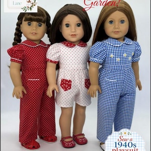 May include: Three dolls wearing vintage-style playsuits. One doll is in a red polka-dot outfit, another in a white polka-dot romper, and the third in a blue gingham jumpsuit. The image includes text that reads "Let's Plant a Victory Garden!" and "Sew a 1940s playsuit".