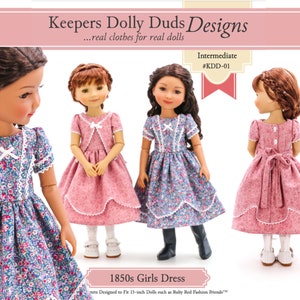 May include: A sewing pattern for a 1850s girls dress designed to fit 15-inch dolls. The pattern is labeled "Keepers Dolly Duds Designs" and "#KDD-01". The pattern is for an intermediate skill level.