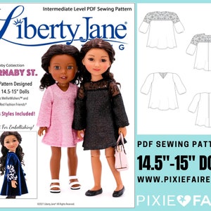 May include: PDF sewing pattern for 14.5-15 inch dolls. The pattern includes two dress styles: a black dress with lace sleeves and a pink dress with lace sleeves. The pattern is titled "Carnaby St." and is part of the Euro Libby Collection by Liberty Jane.