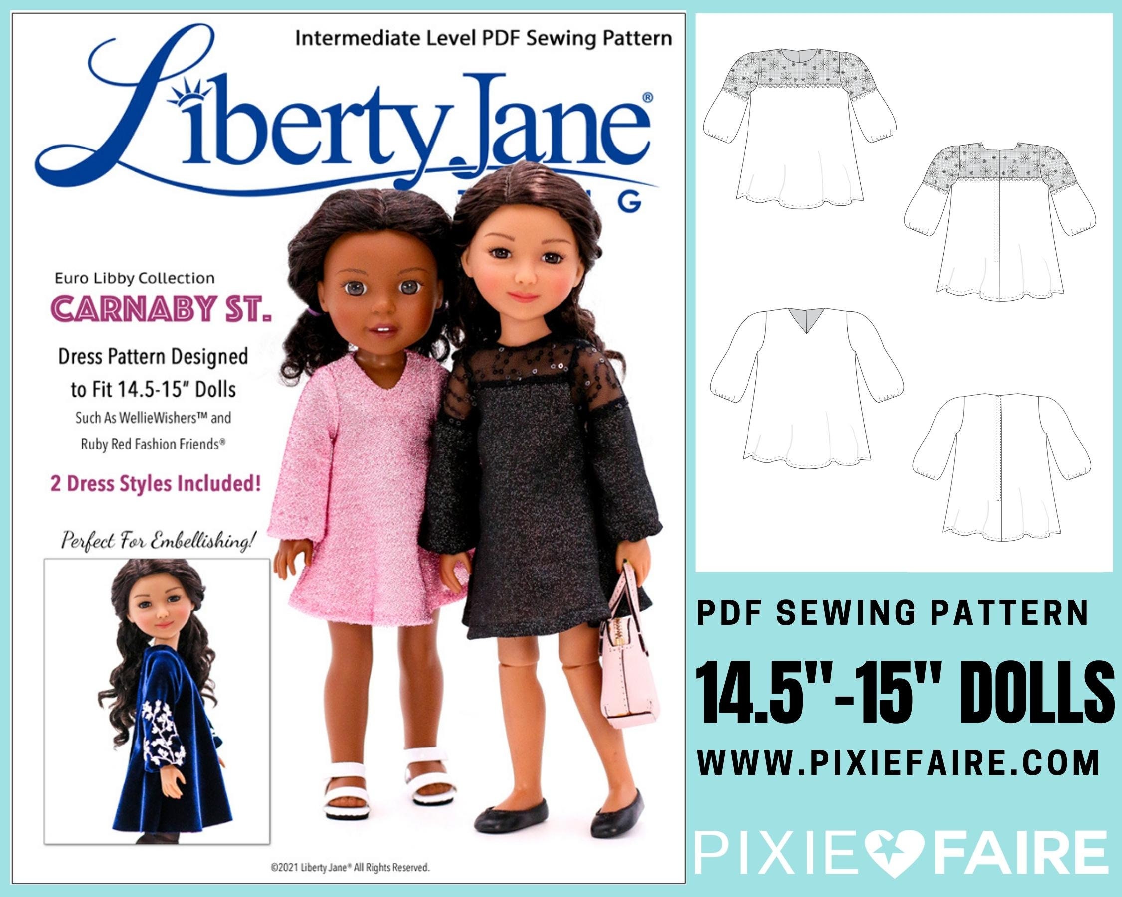 Carnaby St. Dress 14.5-15 inch Doll Clothes Pattern Fits Ruby Red Fashion Friends®, WellieWishers™ - Liberty Jane - PDF - Pixie Faire