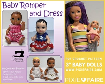 Baby Romper and Dress 3 inch Doll Clothes Crochet Pattern Designed to Fit 3" Barbie® Baby Dolls - Stitchery By Snowflake - PDF - Pixie Faire