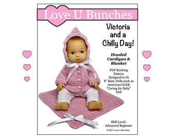 Victoria and a Chilly Day - 8 inch Doll Clothes Knitting Pattern Fits "Caring For Baby" Doll - Love U Bunches - PDF - Pixie Faire