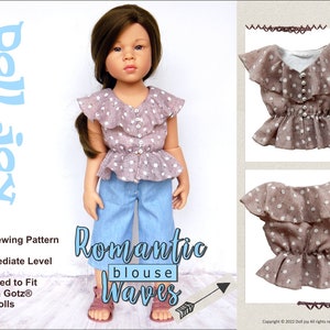 Op de afbeelding: Een PDF-naaipatroon voor een poppenblouse met een gerimpelde halslijn en stippenprint. Het patroon is ontworpen voor 48 cm Gotz-poppen. Het patroon heet "Romantic Blouse Waves".