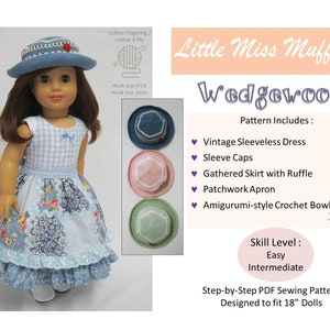 Puede incluir: Un patrón de crochet para un atuendo de muñeca llamado "Little Miss Muffett Wedgewood". El patrón incluye un vestido vintage sin mangas, gorros para las mangas, una falda fruncida con volante, un delantal de patchwork y un gorro de crochet estilo amigurumi. El patrón está diseñado para muñecas de 45,7 cm.