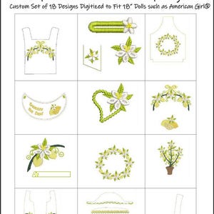 May include: A set of 18 machine embroidery designs featuring lemon and floral motifs. The designs include a variety of elements such as wreaths, sprigs, and garment outlines, all digitized to fit 18" dolls. The text "Frog Princess Fashions" and "Lovely Lemons" are visible.