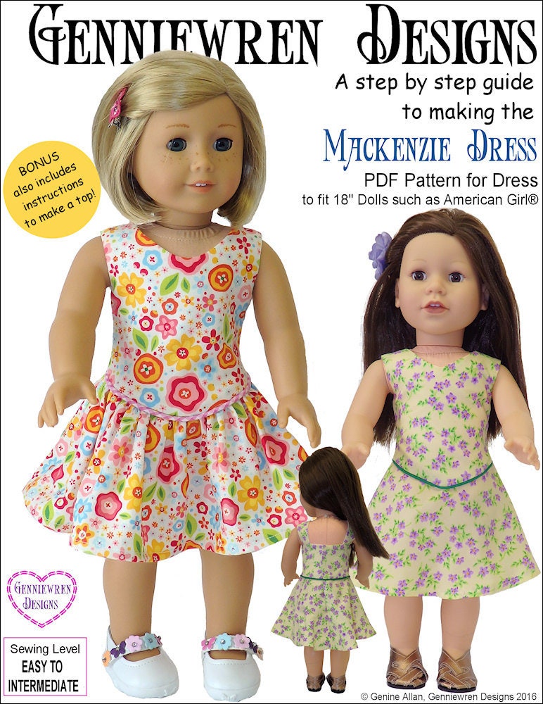 Mackenzie Dress 18 inch Doll Clothes Pattern Fits Popular 18" Dolls - Genniewren Designs - PDF - Pixie Faire