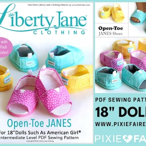 May include: PDF sewing pattern for making open-toe shoes for 18-inch dolls. The pattern includes instructions for making shoes in pink, yellow, and blue with white polka dots. The pattern is from Liberty Jane Clothing and is available on Pixie Faire.
