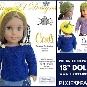 May include: PDF knitting pattern for 18 inch dolls, featuring a blue sweater and yellow beanie with tassels. The pattern is called "Carli" and is designed by Dan-El Designs. The pattern is available on Pixie Faire.