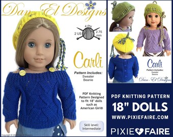 Carli Sweater and Beanie 18 inch Doll Clothes Knitting Pattern Fits Popular 18" Dolls - Dan-El Designs - PDF - Pixie Faire