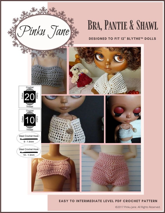 Bra, Pantie, and Shawl 12 inch Doll Clothes Crochet Pattern Fits 12  Blythe™ Dolls - Pinku Jane - PDF - Pixie Faire