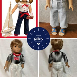 May include: Two dolls wearing sailor-themed outfits. One doll is wearing a white and red striped shirt with a red "LOVE" graphic, white pants, and white shoes. The other doll is wearing a white sailor shirt with a red bow, blue jeans, and red shoes. Both dolls have blonde hair.