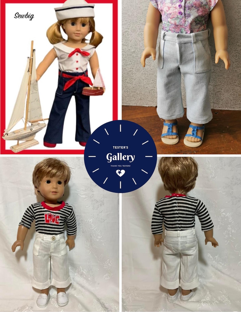 May include: Two dolls wearing sailor-themed outfits. One doll is wearing a white and red striped shirt with a red "LOVE" graphic, white pants, and white shoes. The other doll is wearing a white sailor shirt with a red bow, blue jeans, and red shoes. Both dolls have blonde hair.