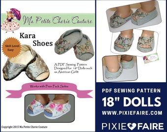 May include: PDF sewing pattern for 18 inch dolls, called Kara Shoes, designed by Ma Petite Cherie Couture. The pattern is easy to follow and works with Pixie Pack soles. The image shows a pair of blue and white floral shoes.