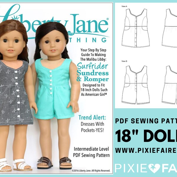 Surfrider Sundress and Romper 18 inch Doll Clothes Pattern Fits Dolls such as American Girl® - Liberty Jane - PDF - Pixie Faire