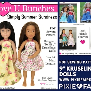 Simply Summer Sundress 9 inch Doll Clothes Pattern Designed to Fit Kruselings Dolls - Love U Bunches - PDF - Pixie Faire