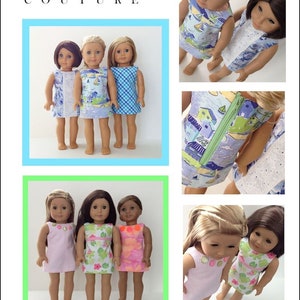 May include: Three dolls wearing different summer dresses. The dresses are all sleeveless and have a variety of patterns, including floral, geometric, and nautical. The dolls are standing in a row, and their hair is styled in different ways.