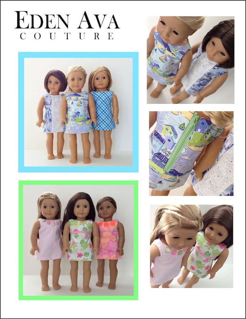 May include: Three dolls wearing different summer dresses. The dresses are all sleeveless and have a variety of patterns, including floral, geometric, and nautical. The dolls are standing in a row, and their hair is styled in different ways.