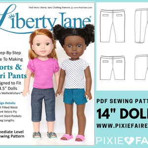 May include: A PDF sewing pattern for making shorts and capri pants for 14.5 inch dolls. The pattern includes three leg lengths and features a flat fitted waist, front velcro fly, and front slant pockets. The pattern is designed for intermediate sewers.