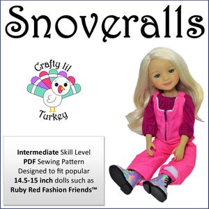 May include: A PDF sewing pattern for making snow overalls for 14.5-15 inch dolls. The pattern is designed for an intermediate skill level and is suitable for dolls such as Ruby Red Fashion Friends. The image shows a doll wearing the completed overalls, which are pink with a white zipper and white trim.