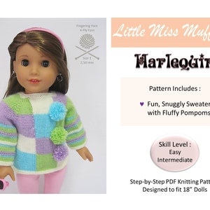 Puede incluir: Patrón de tejido de punto para un suéter Harlequin con pompones esponjosos para muñecas de 45,7 cm. El patrón incluye instrucciones para un suéter divertido y acogedor con pompones esponjosos. Nivel de habilidad: Fácil a Intermedio.