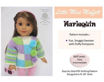 Harlequin Sweater 18 inch Doll Clothes Knitting Pattern Fits Popular 18" Dolls - Little Miss Muffett - PDF - Pixie Faire