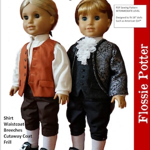 以下が含まれることがあります： 18インチのドール用の創設者たちの衣装を作るためのPDF縫製パターンです。このパターンには、シャツ、チョッキ、ズボン、カットアウェイコート、フリルを作るための手順が含まれています。このパターンは、中級の縫製者向けに設計されています。