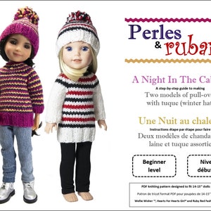 Op de afbeelding: Twee breipatronen voor het maken van truien en mutsen voor poppen. De patronen zijn getiteld "A Night In The Cabin" en "Une Nuit au chalet". De patronen zijn voor beginnende breiers en bevatten instructies voor het maken van twee verschillende stijlen truien en mutsen.