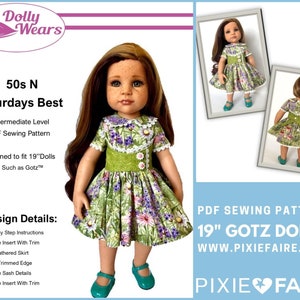 50s N Saturdays Best Dress 19 inch Doll Clothes Pattern Designed to Fit 19” Gotz® dolls - Dolly Wears - PDF - Pixie Faire