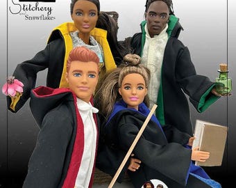May include: Image of dolls dressed in sorcery school uniforms. The dolls wear black robes with colored accents, including red, yellow, and blue. The image includes text that reads "Sorcery School Uniform" and "PDF Sewing Pattern Designed to Fit 11 1/2 inch fashion dolls such as Barbie".