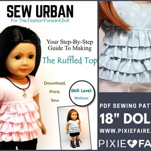 Op de afbeelding: Sew Urban PDF-naaipatroon voor 45,7 cm poppen. Het patroon is voor een geruit topje met een middelmatig moeilijkheidsniveau. De afbeelding toont een pop die een roze geruit topje draagt en een pop die een blauw geruit topje draagt.