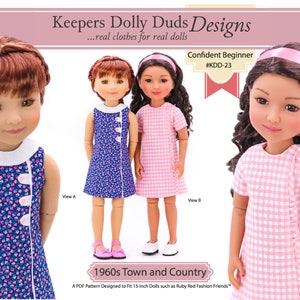 May include: A PDF sewing pattern for a 1960s-style dress for 15-inch dolls. The pattern includes two views: a sleeveless dress with a white collar and a short-sleeved dress. The dress is shown in a blue floral print and a pink gingham print.