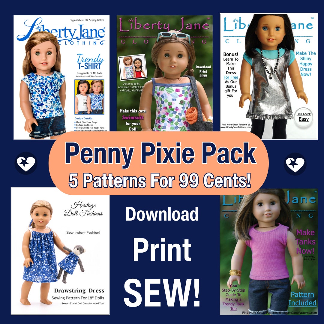 18 Inch Doll Clothes Pattern Bundle T-shirt Dress Swimsuit