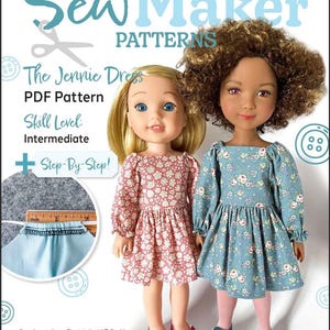 May include: Two dolls wearing floral dresses are featured in this image. The doll on the left wears a pink dress, while the doll on the right wears a blue dress. The image is a pattern for The Jennie Dress, a PDF pattern for dolls 14.5-15 inches in size.
