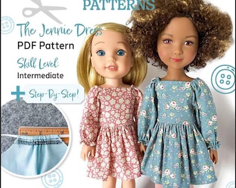 The Jennie Dress 14.5-15 inch Doll Clothes Pattern Designed to Fit Popular 14.5-15" Dolls - Sew Maker Patterns - PDF - Pixie Faire