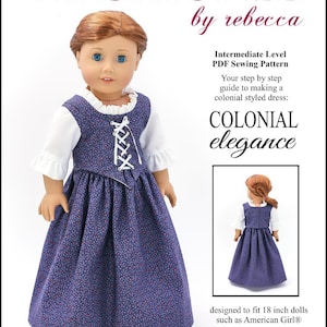 Könnte beinhalten: Ein PDF-Nähmuster für ein koloniales Kleid für 45 cm Puppen, wie z. B. American Girl Puppen. Das Muster trägt den Titel "COLONIAL elegance" und ist für ein mittleres Nähniveau konzipiert. Das Bild zeigt eine Puppe, die das fertige Kleid trägt, das lila mit weißen Akzenten und einem Schnürkorsett ist.