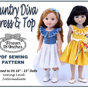 Puede incluir: Patrón de costura PDF para un vestido y una blusa de estilo campestre diseñados para muñecas de 35,5 a 38 cm. El patrón incluye una blusa vaquera con un volante y una falda blanca con un volante, y un vestido amarillo de lunares con un volante y un ribete de encaje blanco. El patrón está etiquetado como "Forever 18 Inches" y "Country Diva Dress & Top".
