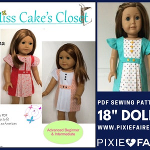 May include: PDF sewing pattern for the Marsha dress for 18 inch dolls. The pattern is for an advanced beginner or intermediate sewer. The pattern includes two different color variations of the dress, one red and white and one blue and white. The pattern is available on the website www.pixiefaire.com.