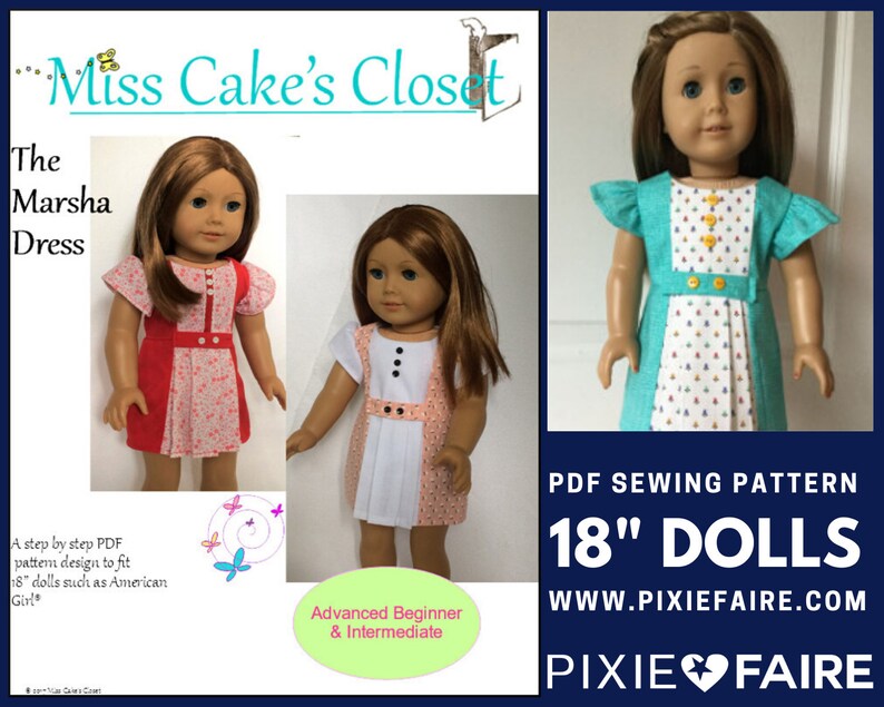 The Marsha Dress 18 inch Doll Clothes Pattern Fits Dolls such as American Girl® Miss Cake's Closet PDF Pixie Faire image 1