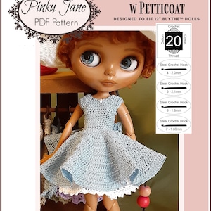 May include: A crochet pattern for a blue dress with a white petticoat for a 12-inch Blythe doll. The pattern is called "Miss Audrey Dress w Petticoat" and is designed by Pinku Jane. The pattern includes instructions for crocheting the dress and petticoat, as well as the necessary materials and tools. The pattern is available as a PDF download.