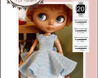 Miss Audrey Dress and Petticoat 12 inch Doll Clothes Crochet Pattern Fits 12" Blythe™ Dolls - Pinku Jane - PDF - Pixie Faire