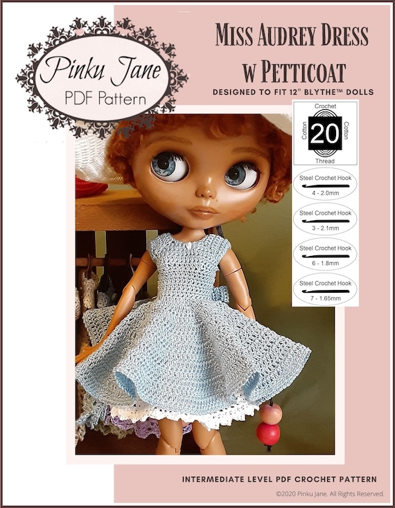 white christmas dresses Pinku Jane Miss Audrey Dress and Pettticoat Doll Clothes Crochet Pattern  For 12