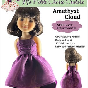 May include: A PDF sewing pattern for a purple high-low dress designed to fit 15-inch dolls, such as Ruby Red Fashion Friends. The pattern is titled "Amethyst Cloud" and is labeled as an intermediate skill level.
