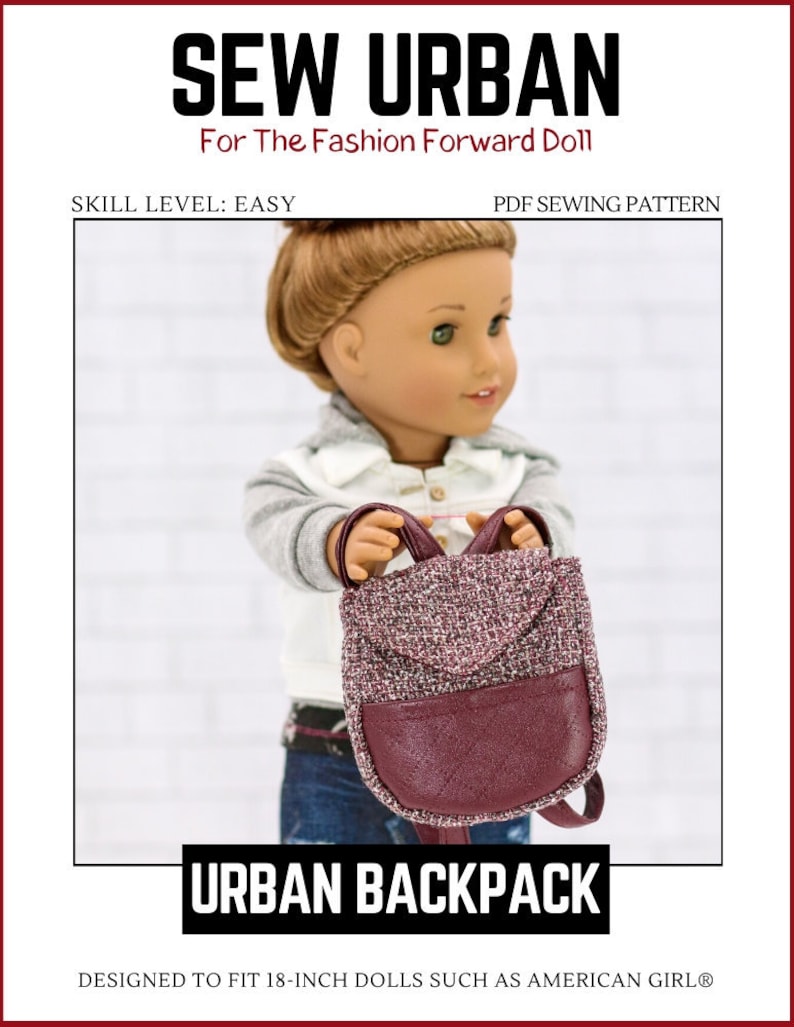 Patrón de accesorio de ropa para muñecas de 18 pulgadas con mochila urbana que se adapta a las muñecas más populares de 18 pulgadas - Sew Urban - PDF - Pixie Faire imagen 2