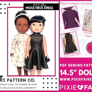 May include: PDF sewing pattern for 14.5 inch dolls. The pattern includes instructions for a mock neck dress with a fit and flare silhouette. Three closure types are included: velcro, invisible zipper, and doll-sized zipper. The pattern is for an intermediate sewing level.
