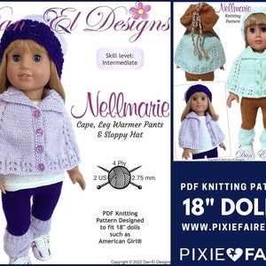 Puede incluir: Patrón de tejido de punto para una muñeca de 46 cm, con una capa morada, polainas y un gorro. El patrón se llama "Nellmarie" y está diseñado para tejedoras de nivel intermedio. El patrón está disponible para descargar en PDF.