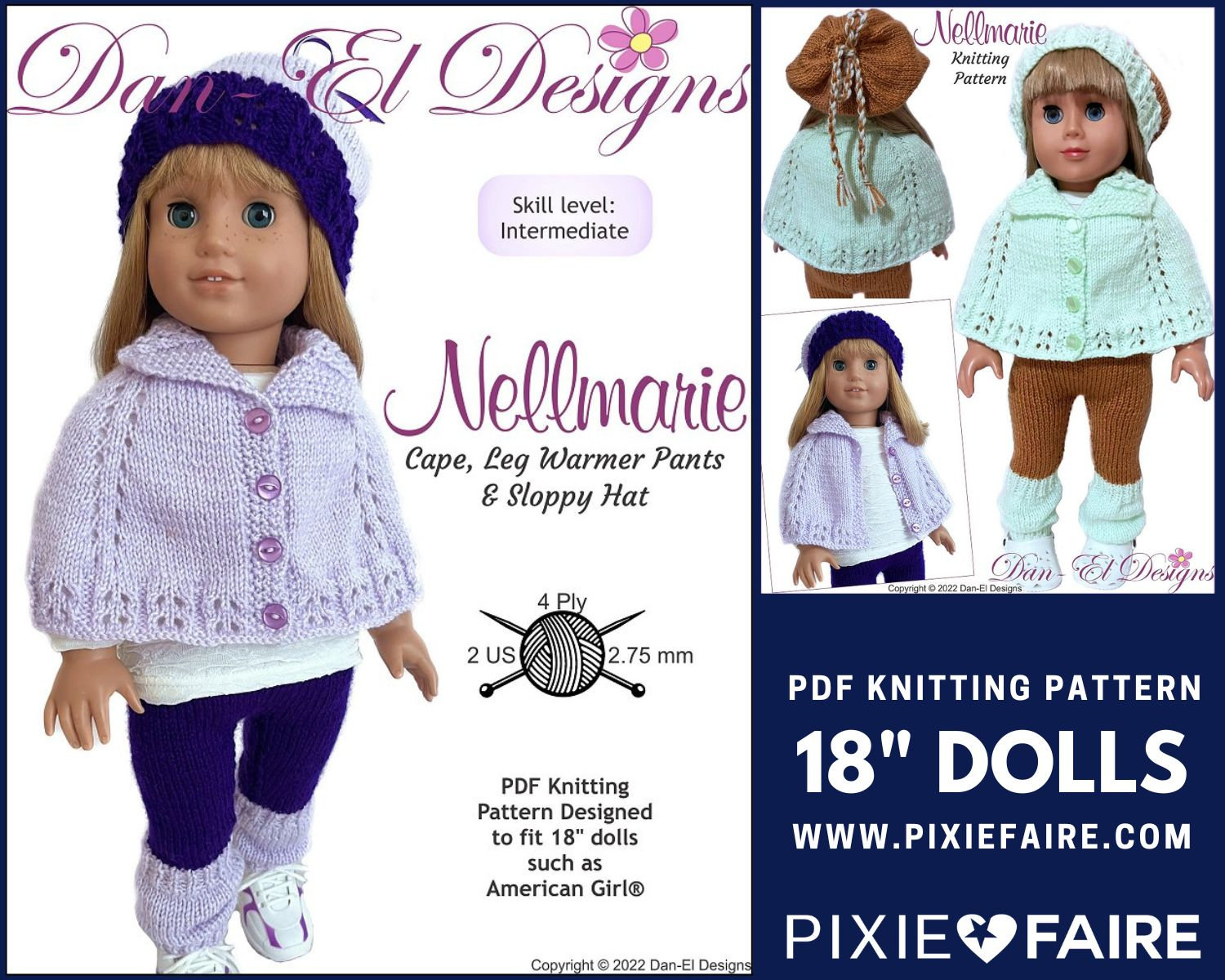 Dan-El Designs Nellmarie Outfit Doll Clothes Knitting Pattern 18 inch American Girl Dolls, image size:1500x1200