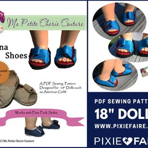 May include: PDF sewing pattern for 18 inch dolls, called "Anna Shoes". The pattern is designed for dolls such as American Girl. The pattern is easy to follow and includes instructions for making the shoes. The shoes are blue with red trim and have a bow on the top. The pattern also includes instructions for making the soles. The pattern is available on the website www.pixiefaire.com.