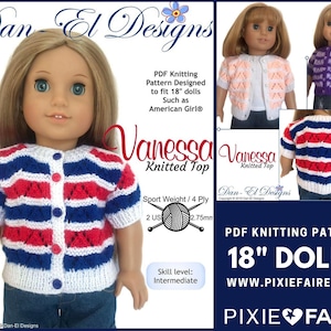 Peut inclure: Patron de tricot PDF pour poupées de 45,7 cm. Le patron est pour un haut tricoté rayé avec un motif en diamant. Le patron s'appelle Vanessa Knitted Top. Le patron est conçu par Dan-El Designs et est disponible sur Pixie Faire.